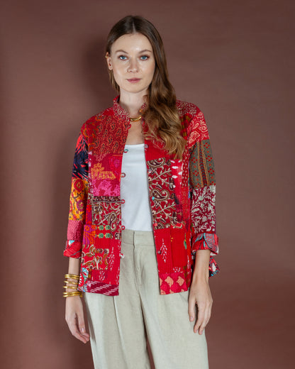 Crimson Red Reversible Patchwork Jacket