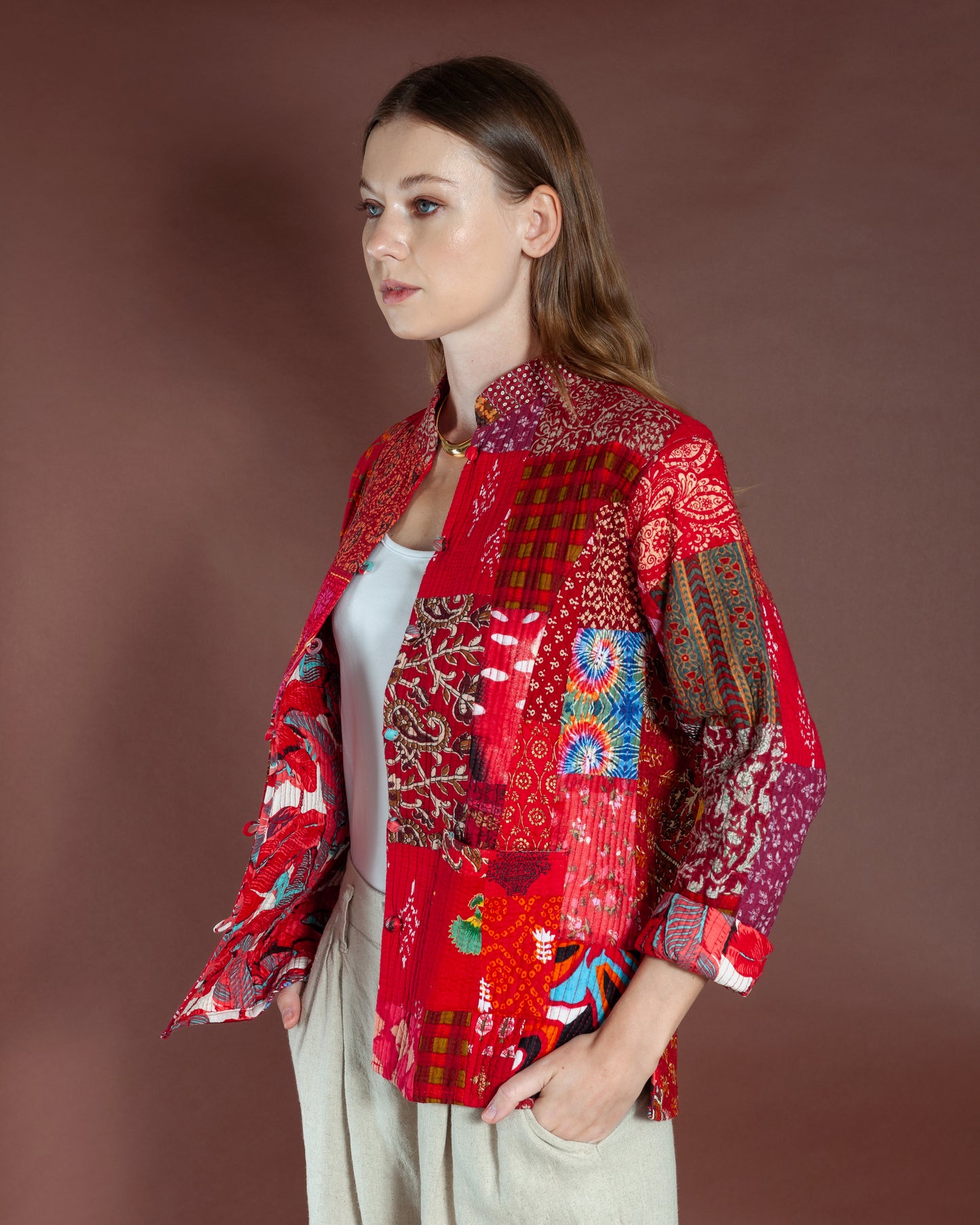 Crimson Red Reversible Patchwork Jacket